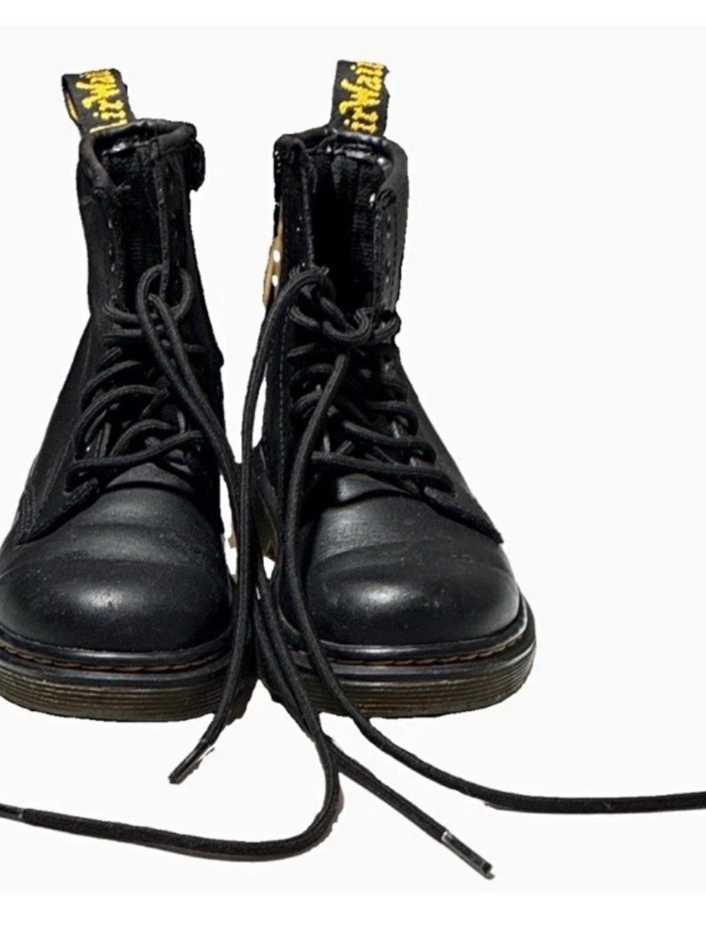 Dr. Martens Kids Black Lace-Up Combat Boots with Yellow Heel Loop